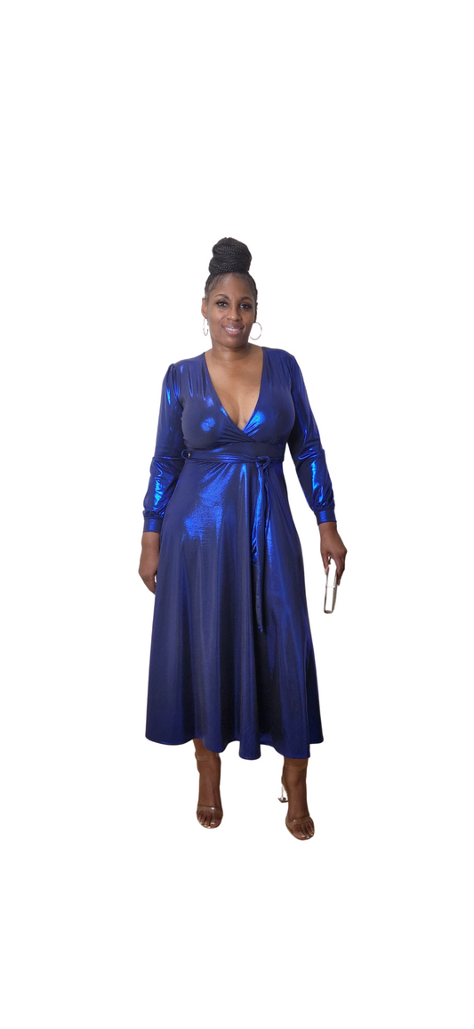 BLUE FOIL DRESS (model is wearing a medium