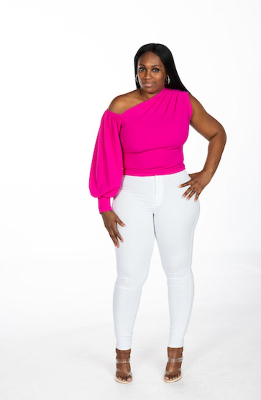 Cold Shoulder- Fuchsia (model is wearing a large)