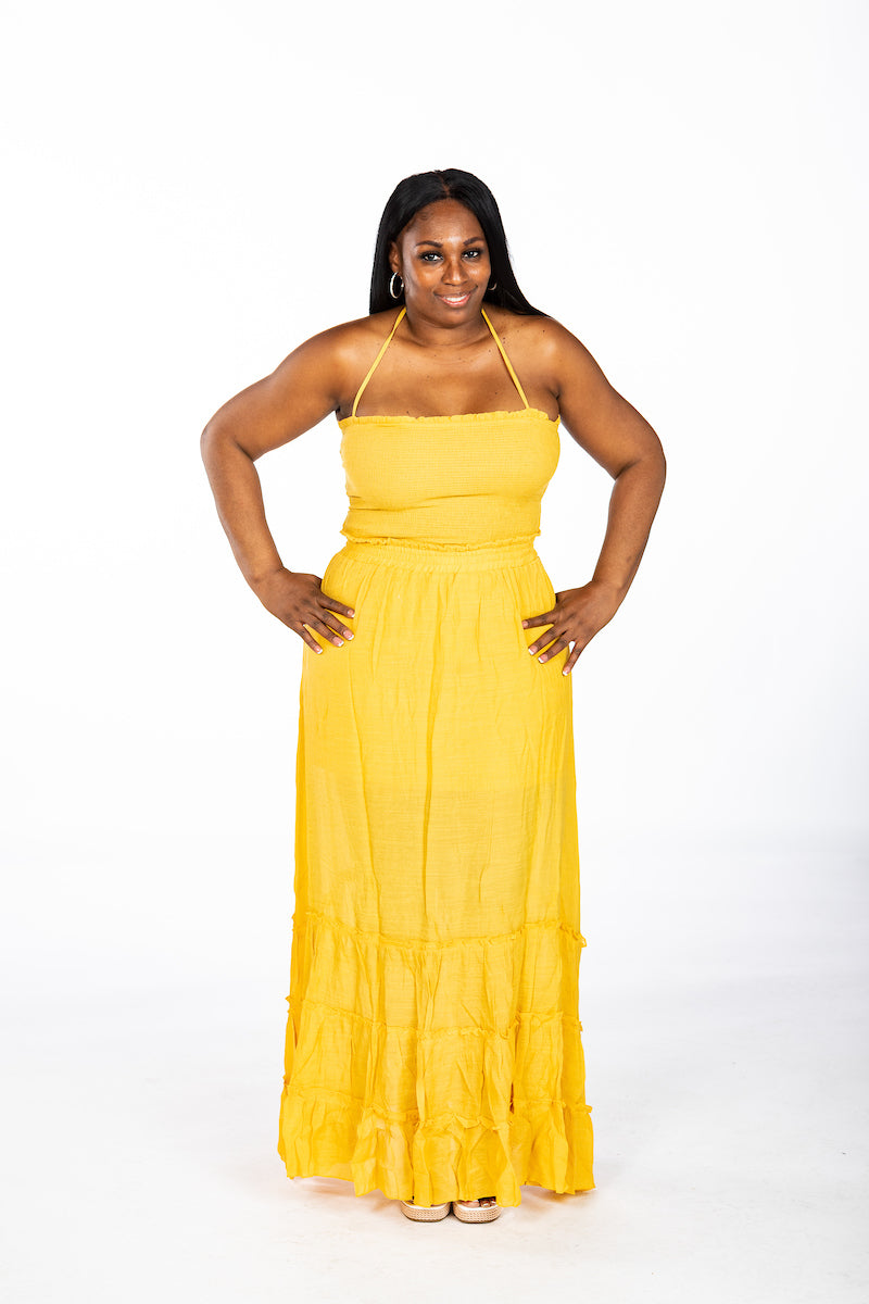 Kylee Strappy Maxi - Mustard (model is wearing a medium)