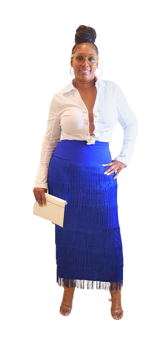 Regina Fringe Skirt -Blue (model is wearing a large)