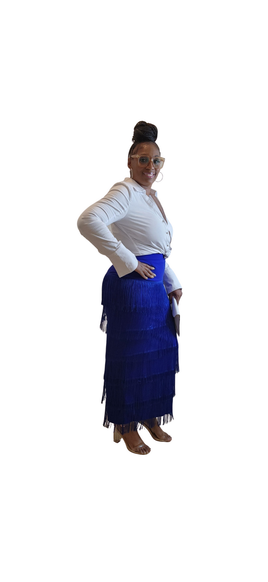 Regina Fringe Skirt -Blue (model is wearing a large)