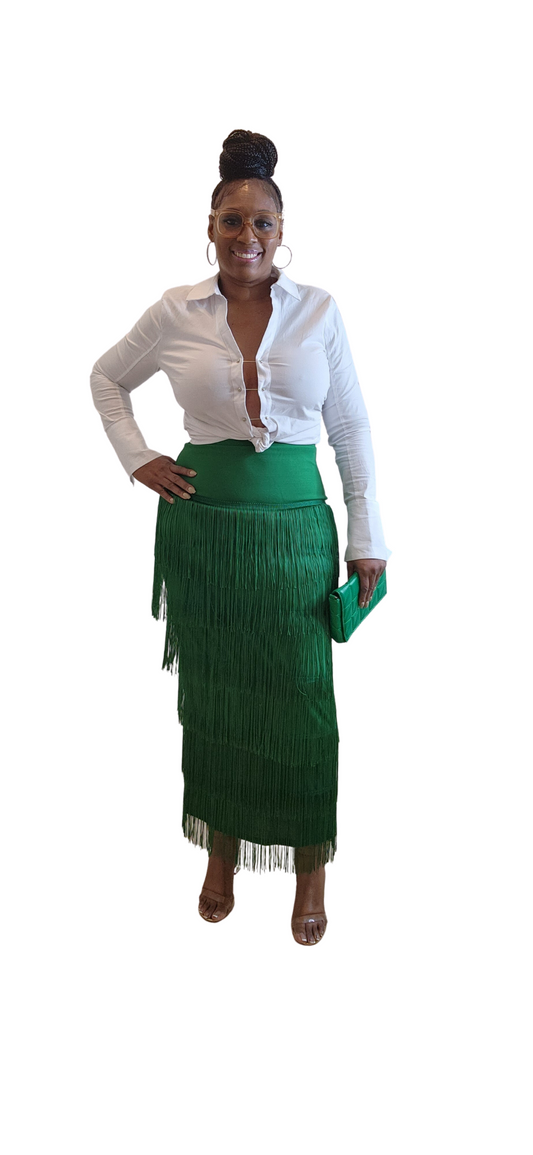 Regina Fringe Skirt - Green (model is wearing a large)