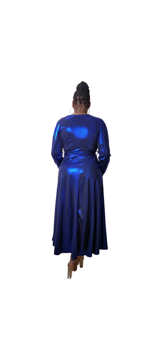 BLUE FOIL DRESS (model is wearing a medium