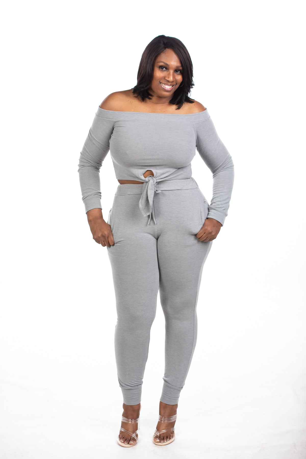 Cold Shoulder Jogger -Grey (model is wearing a large)