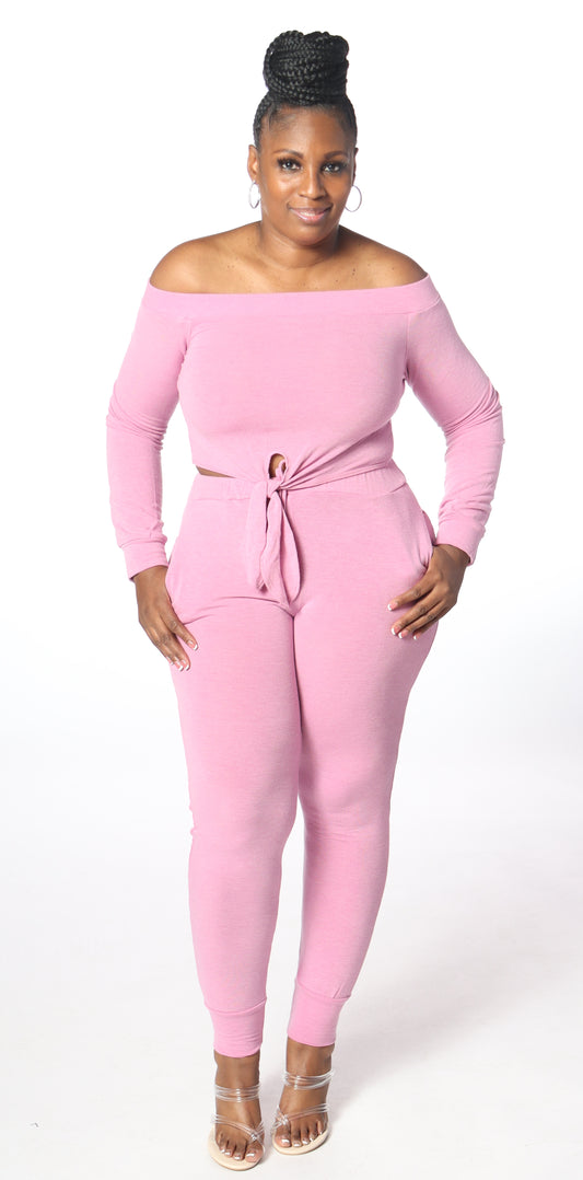 Cold Shoulder Jogger - Pink (model is wearing a large)